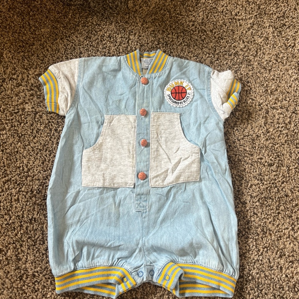 Vintage Blue and Gray Baby Romper with Basketball Patch
